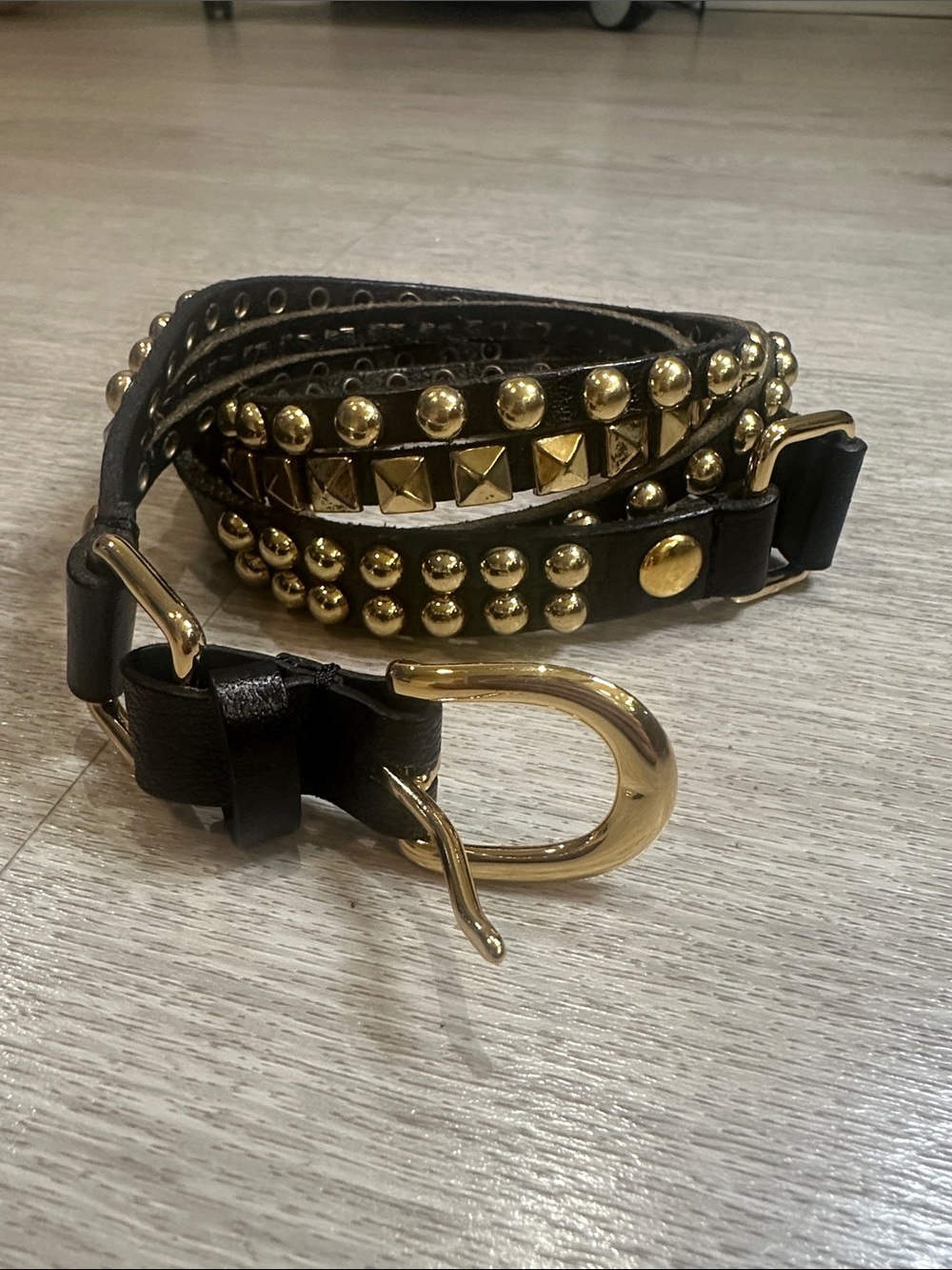 Black Leather Studded Belt with Gold Hardware